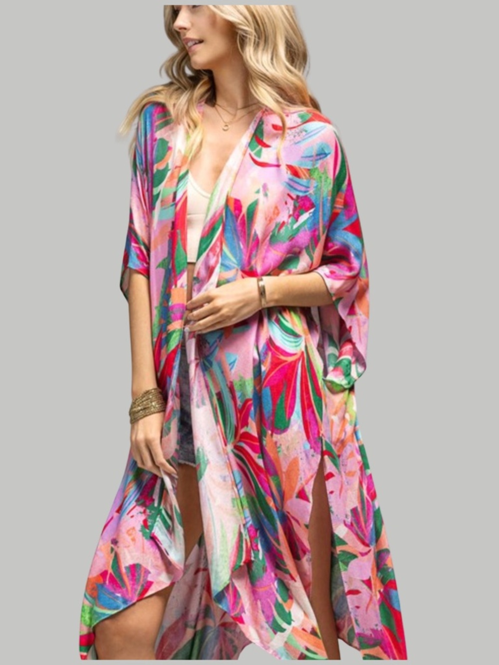 Tropical Paradise Vibrant Abstract Print Beach Cover-Up Kimono Top